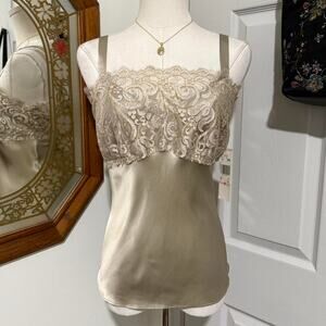 NWT Y2K Anne Klein Champagne 100% Shiny Silk & Gold Lace Trim Square Cami Top M